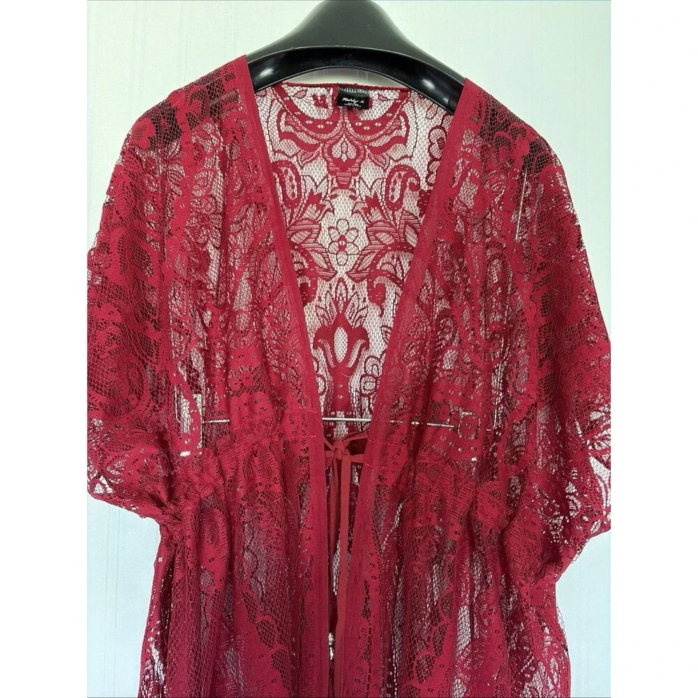 Crimson Red Sheer Lace Kimono Robe / Duster Cover Up